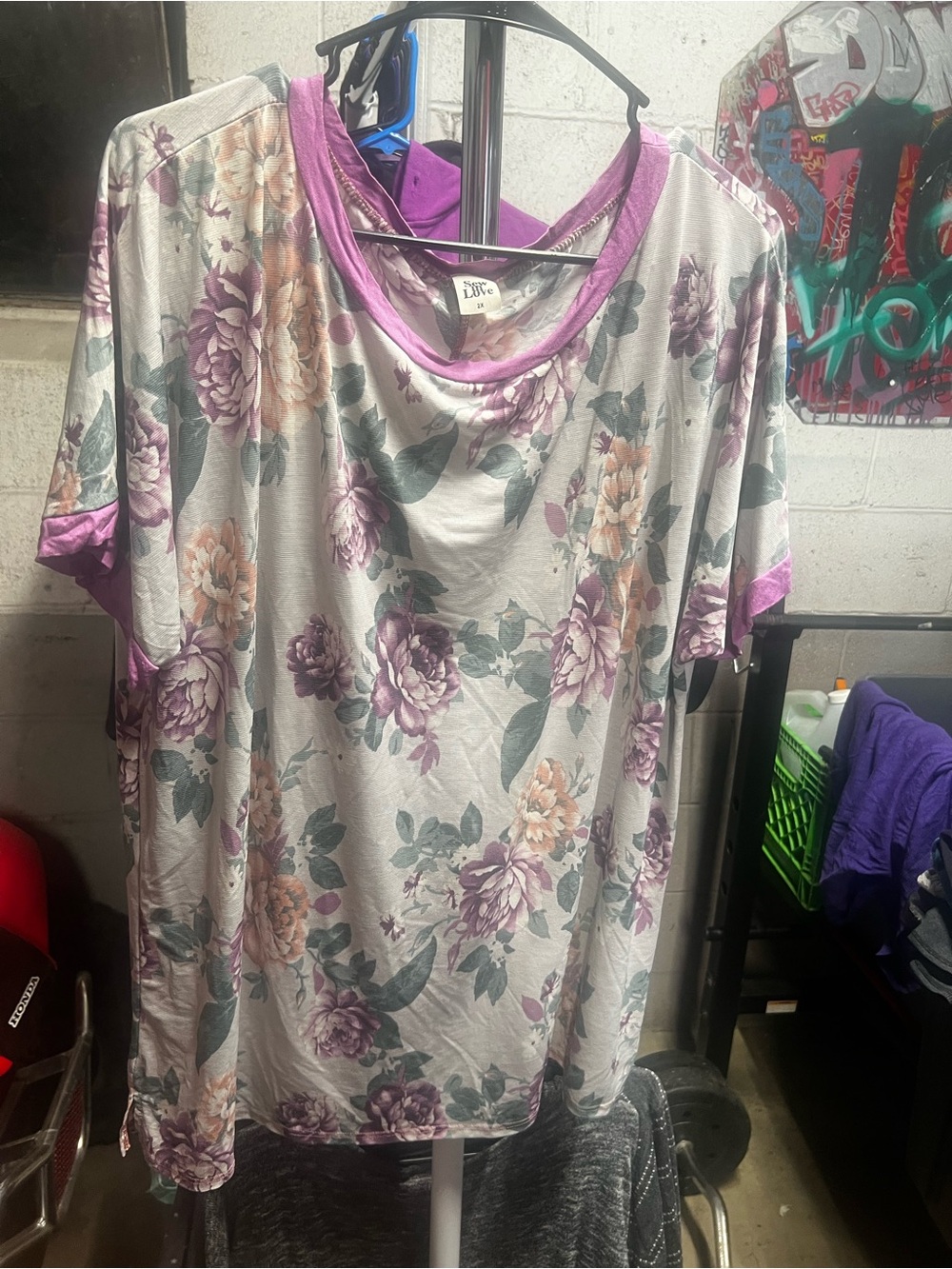 Sew In Love Cream Floral Short Sleeve Tee with Purple Trim